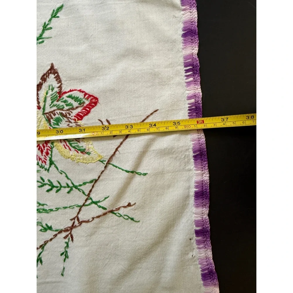Vintage Hand Embroidered Floral Table Runner White Linen Purple Crochet Trim 38